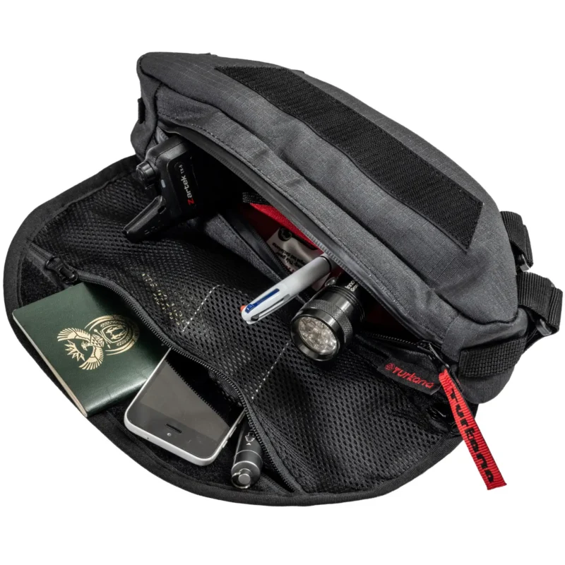 Open Turkana PelliPouch Motorcycle Enduro with riding essentials stored in separate mesh pockets.