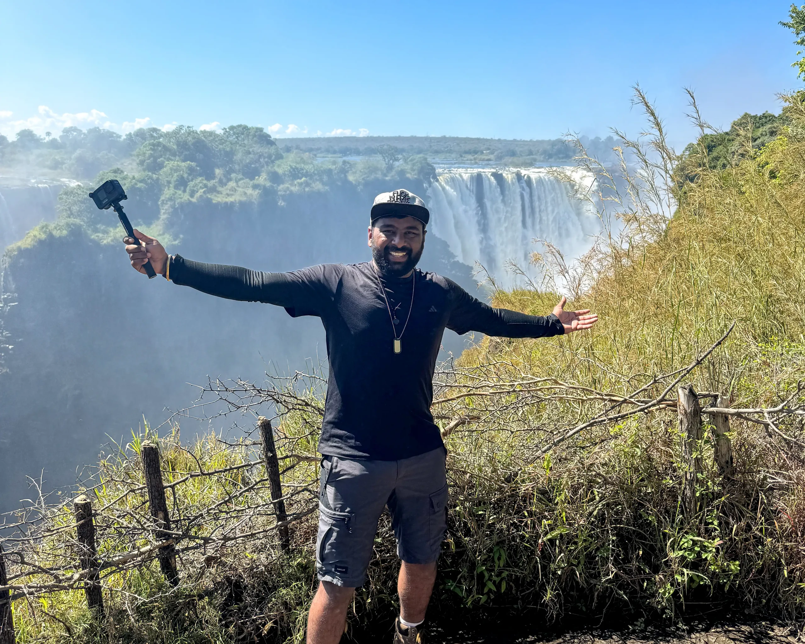 Tagore Sureshbabu at Victoria Falls during his motorcycle journey through Africa