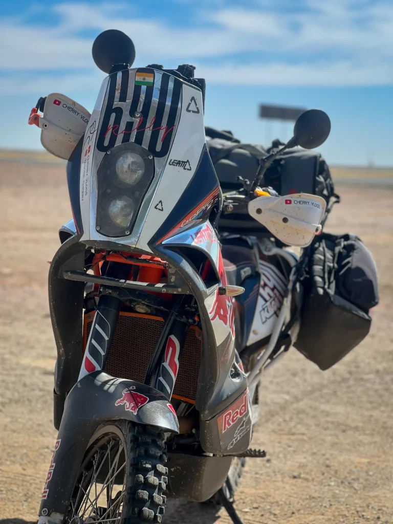 KTM 690 Enduro fitted with Turkana motorcycle luggage during an African overland journey