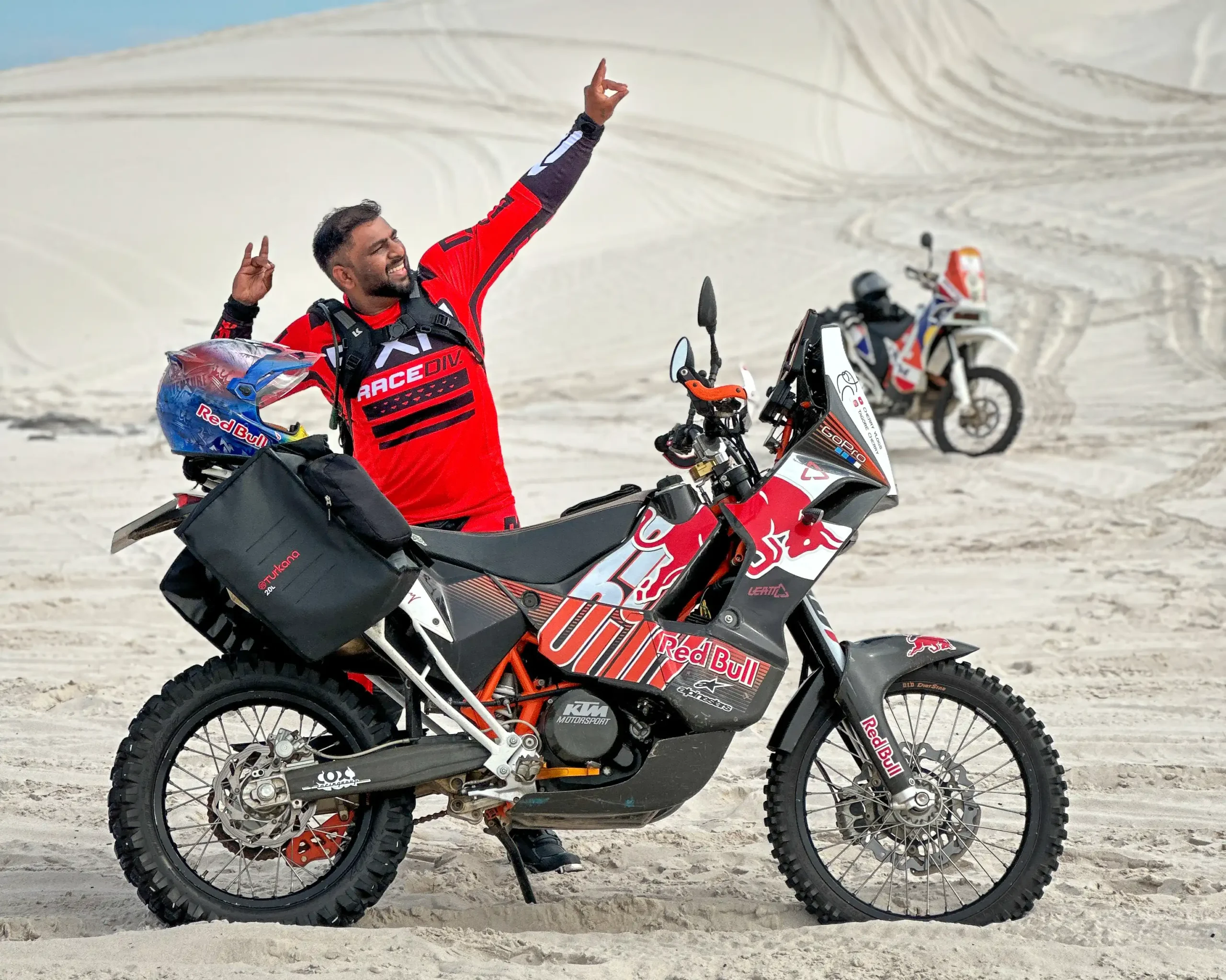 Tagore Sureshbabu with his KTM 690 Enduro in the sand dunes