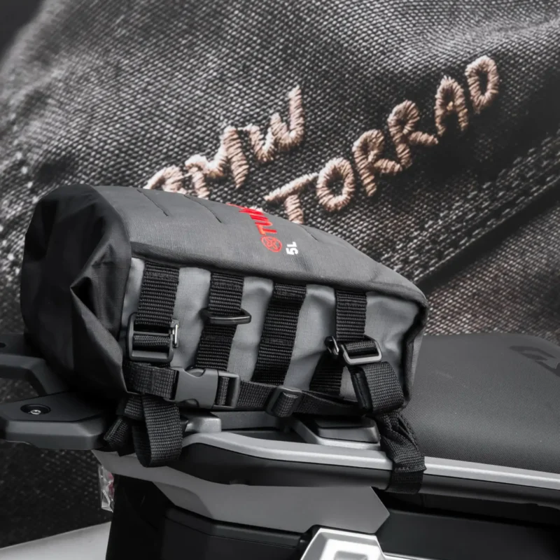 Quick-release G-Hook motorcycle luggage buckle on Turkana TrekBag